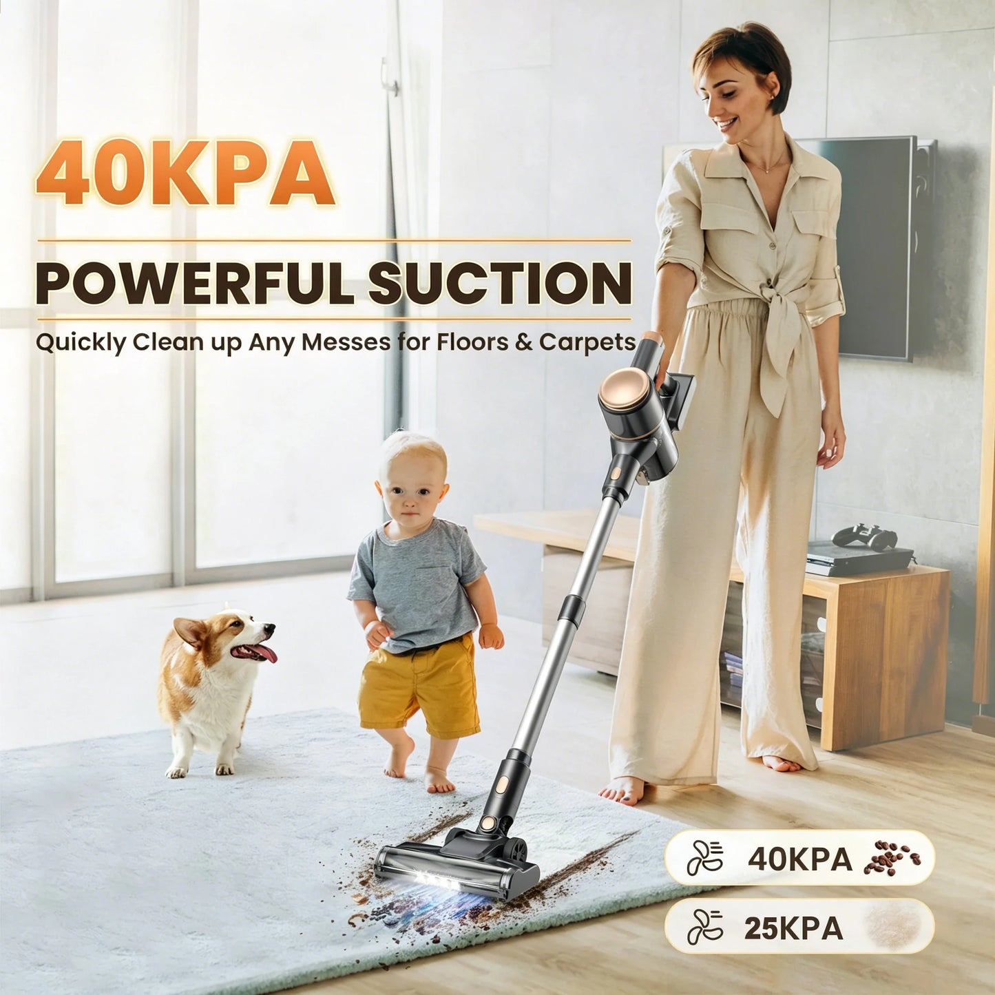 N8 Cordless Vacuum Cleaner 40Kpa 40 Mins Runtime Lightweight Stick Vacuum Powerful Suction Self-Standing Rechargeable Vacuum Cleaner for Carpet Pet Hair Hardwood Floor