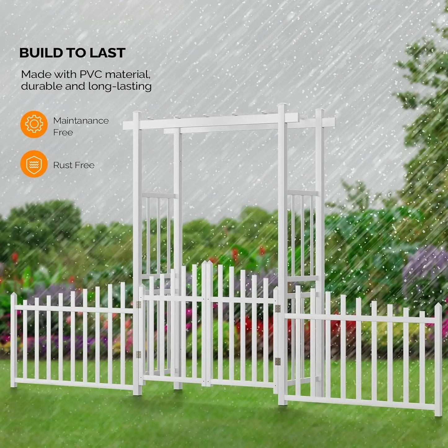 White PVC Garden Arbor with Gate & Fence, Wedding Arch Trellis for Climbing Plants, Outdoor Ceremony Backdrop, 7.5ft H, Custom