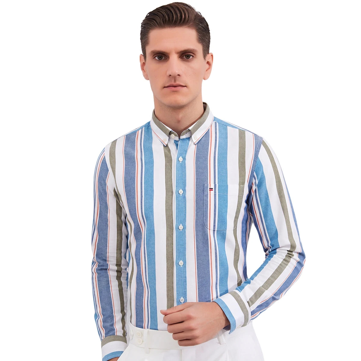 Men's Plaid Striped Button Down Shirts Spring Fall Cotton Long Sleeve Oxford Dress Shirts with Pocket