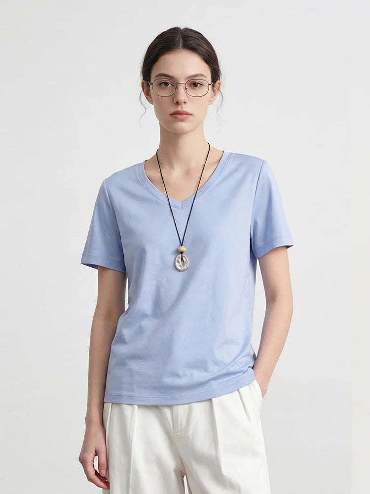 Summer 6% Mulberry Silk Cotton T-shirts Women Loose Round Neck Short Sleeve Luxury Tee Solid Color Basic Tops