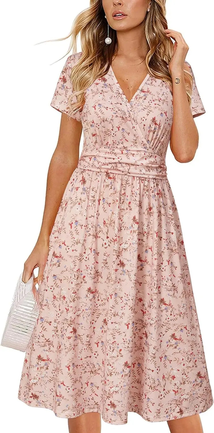 Women's Summer Wrap A-Line Midi Dress with Pocket and V-Neck
