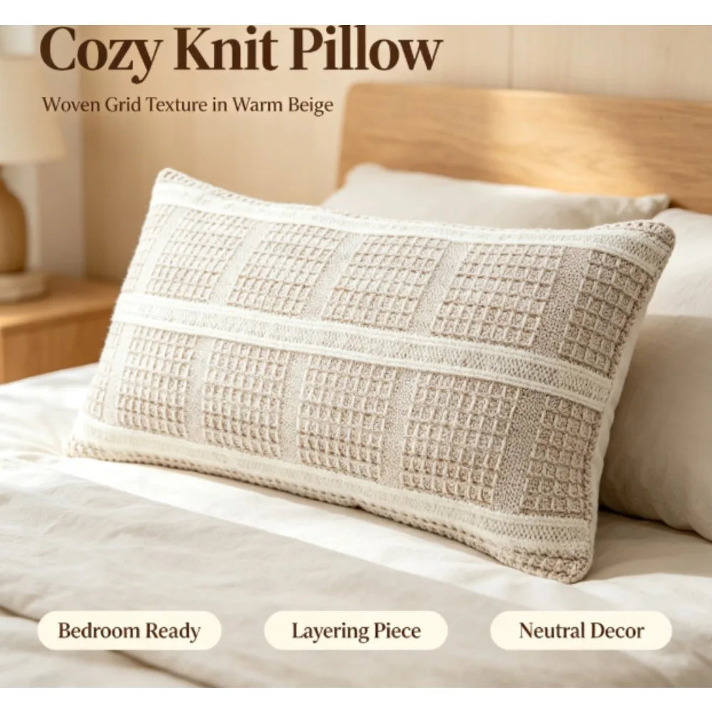 Better Homes & Gardens 14-inch x 24-inch Beige Chunky Knit Check Decorative Pillow