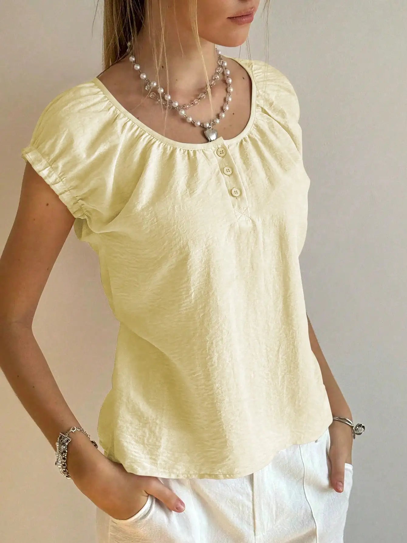 Women's Ruffled Sleeve Half-Open Neck Button Top