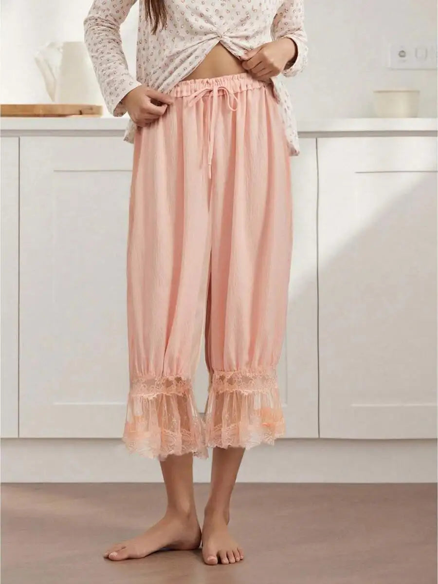 Women Lace Trim Elastic Mid Rise Cropped Flared Bloomers Pantaloons