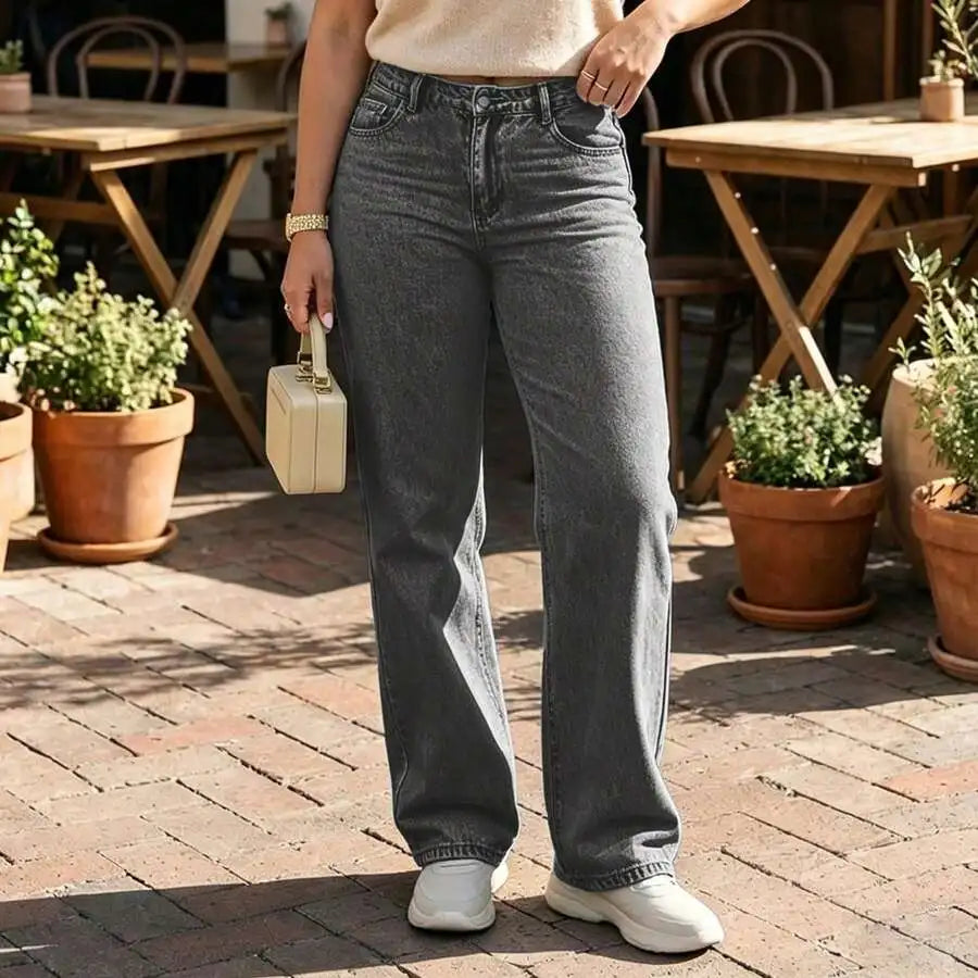 Womens Mid Rise Straight Leg Black Denim Jeans, Casual Loose Fit Trousers