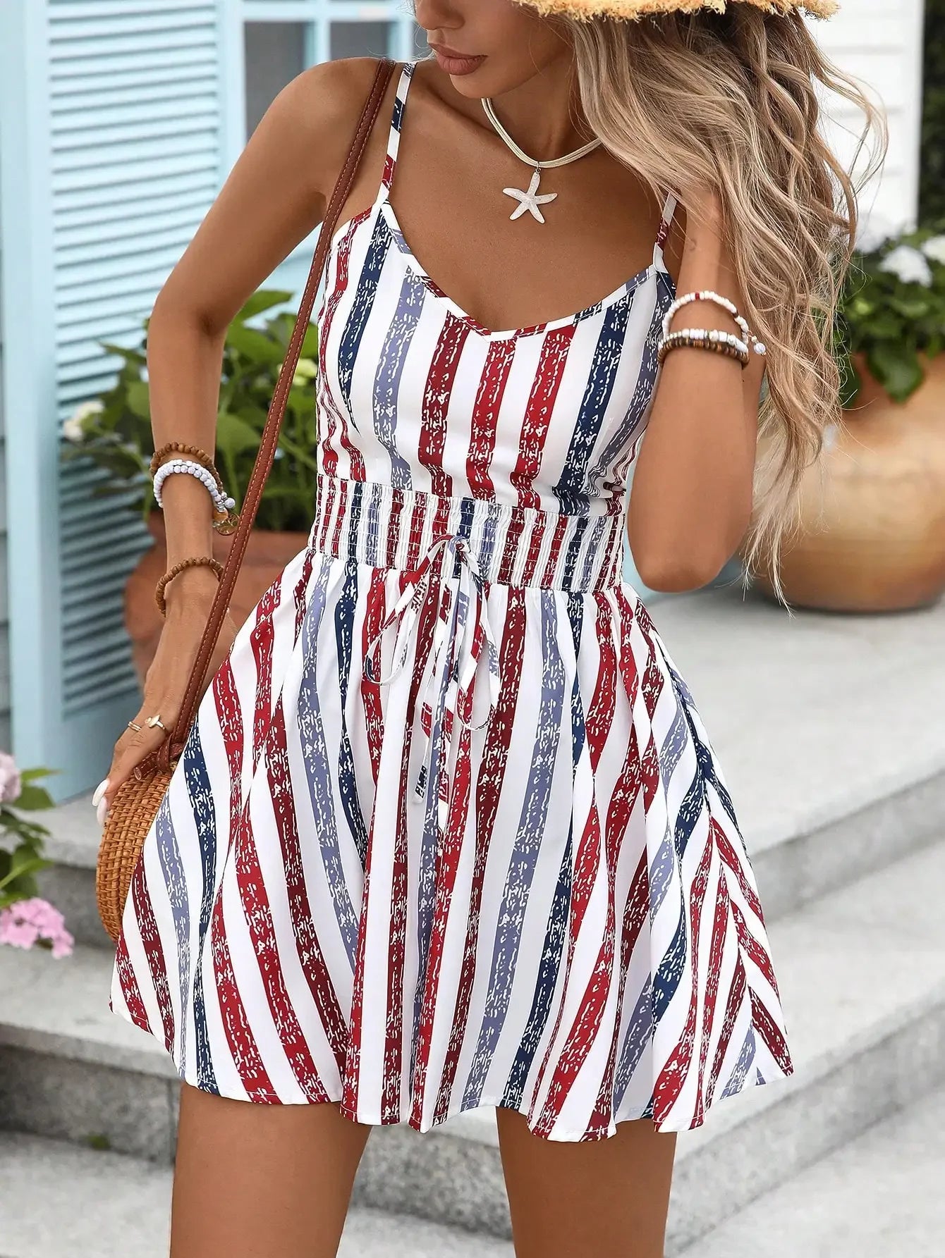 Womens Sleeveless Striped Cami Romper With Smocked Waist In Red White Blue For Summer Casual And July 4th