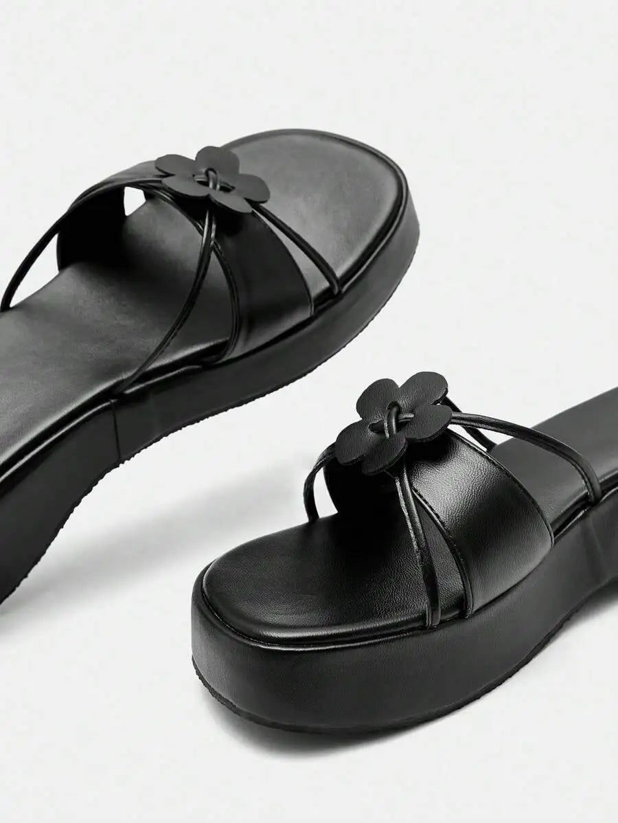 Elegant Black Wedge Slide Women, Flower Decor Sandals Vacation Summer Back To School College Student Shoes Spring