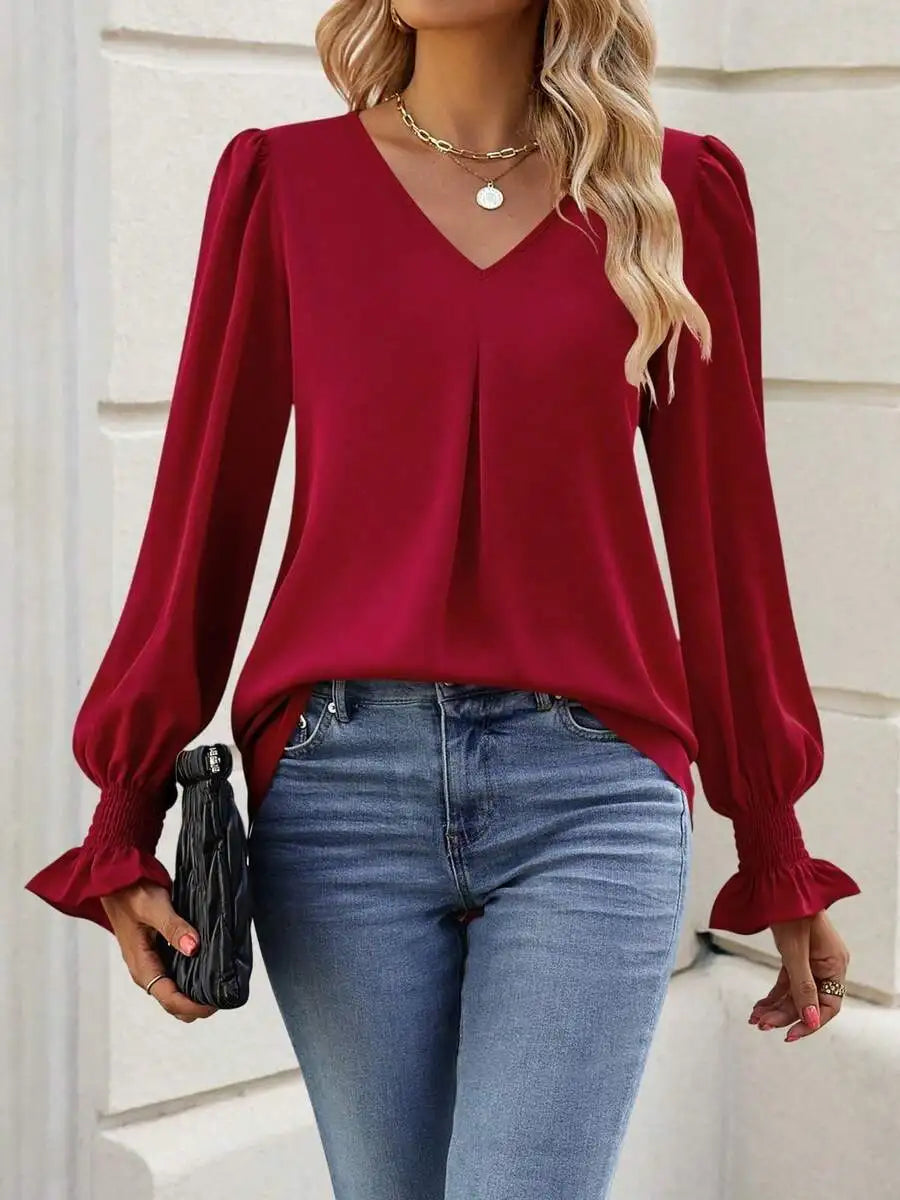 Womens Long Sleeve V Neck Loose Chiffon Blouse Casual Elegant Tunic Top