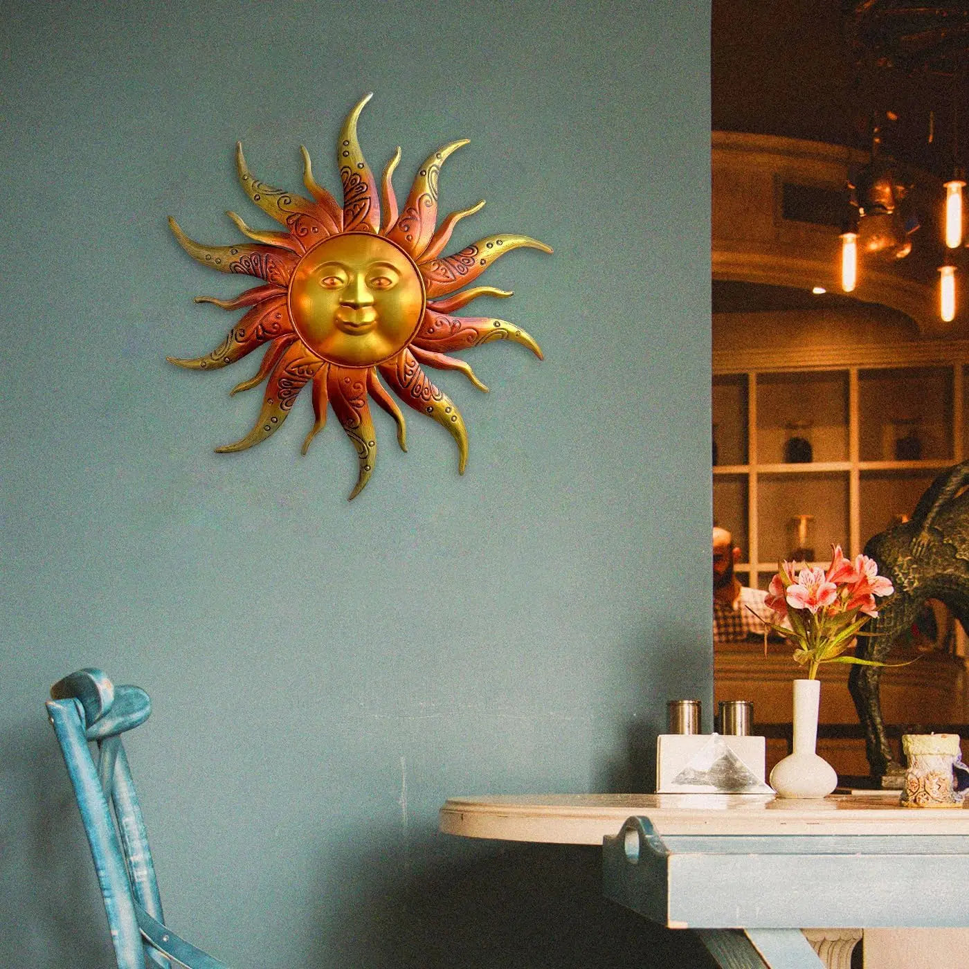 Metal Sun Wall Art Decor - 17.3 Inches Rustic Retro Ornament for Garden Patio Yard Fence Living Room