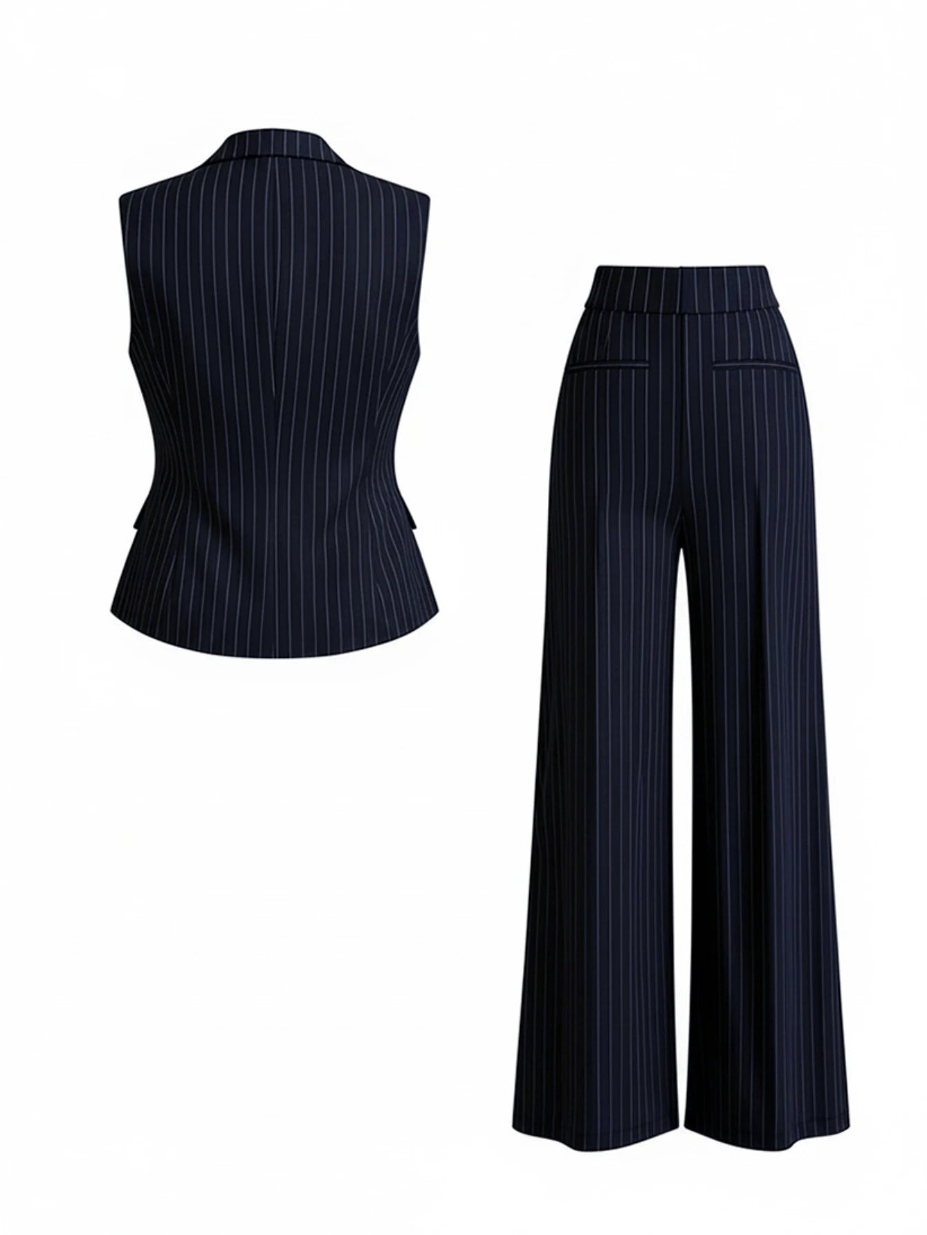 Vertical Stripe Lapel Sleeveless Vest And High Waist Wide Leg Pants Two Piece Office Suit For Women Formal Business Matching Outfit Set