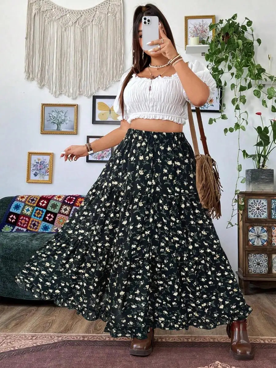 Plus Size Women Floral Print Maxi Skirt Bohemian Vacation Beach Outfit