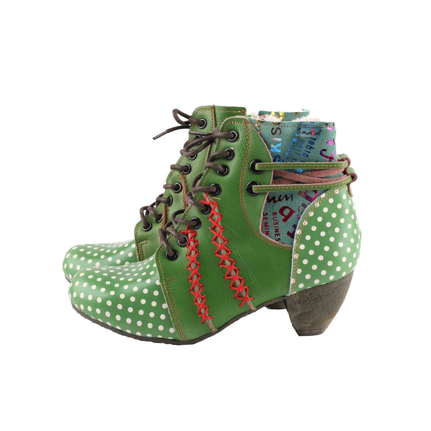 TMA EYES Women's Retro Polka Dot Mid Heel Boots Spring Autumn Winter Fashion Patchwork Chunky Heel Side Zipper Ankle Boots
