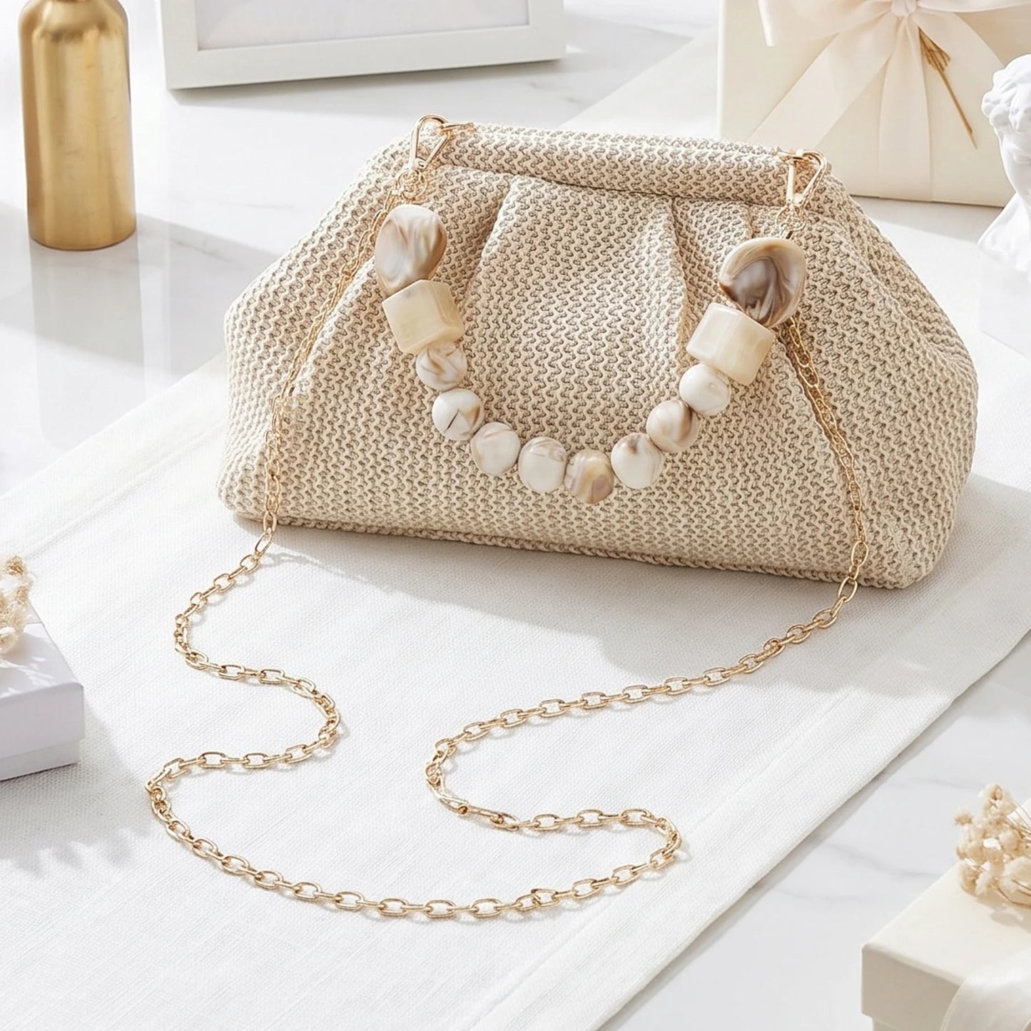 2026 New Women Straw Woven Bags Chain Strap Straw Clutch Purse Large Capacity Stylish Handheld Crossbody Bag Totes for Summer Beach Holiday
