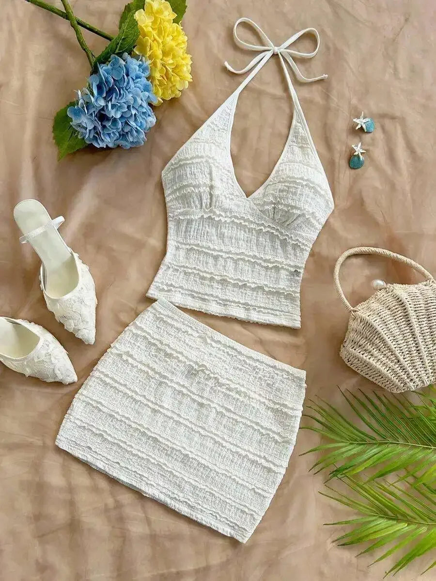 Womens 2-Piece Vacation Set: Halter Neck Floral Top & Matching Skirt, Beach Summer Outfit