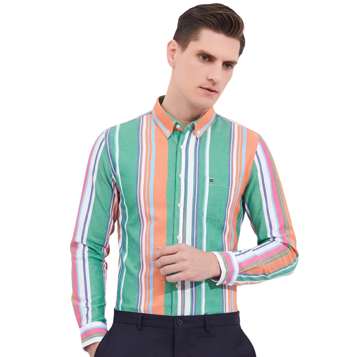 Men's Plaid Striped Button Down Shirts Spring Fall Cotton Long Sleeve Oxford Dress Shirts with Pocket
