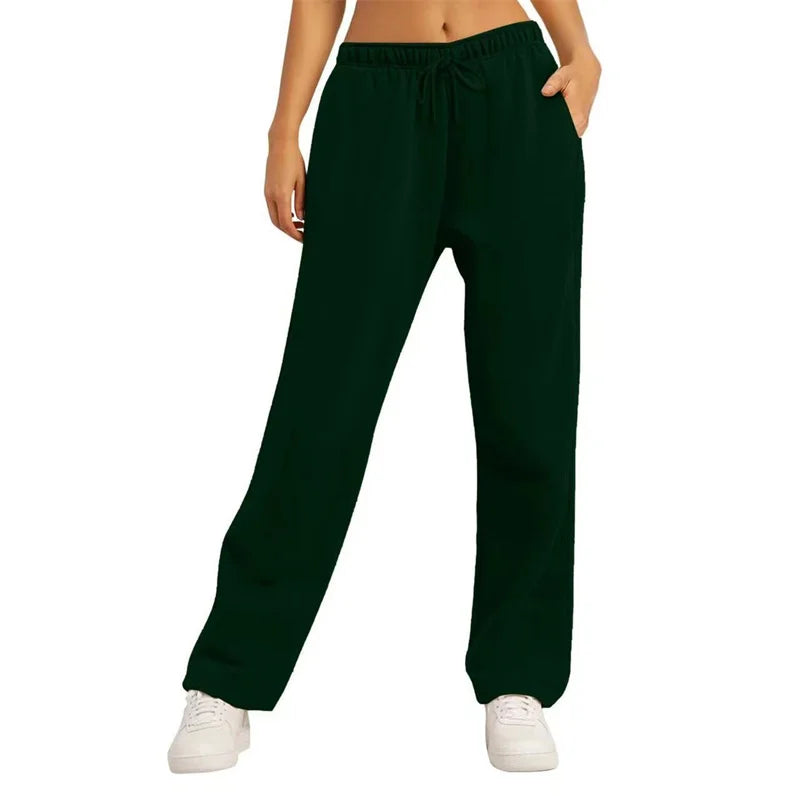 Wide Leg Sweatpants Loose Daily Casual Solid Drawstring High Waist Autumn Winter Women Comfort Trousers