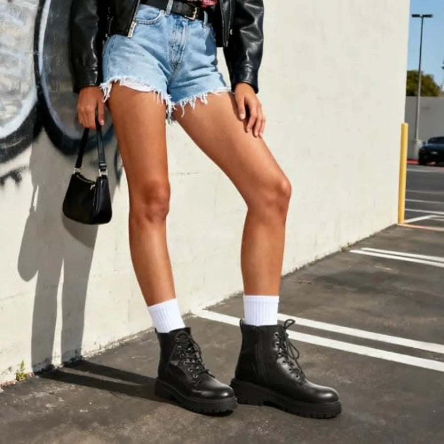 Combat Boots Ankle Booties Lace-up Platform Side Zipper Lug Sole Boots Ankle Boots for Women
