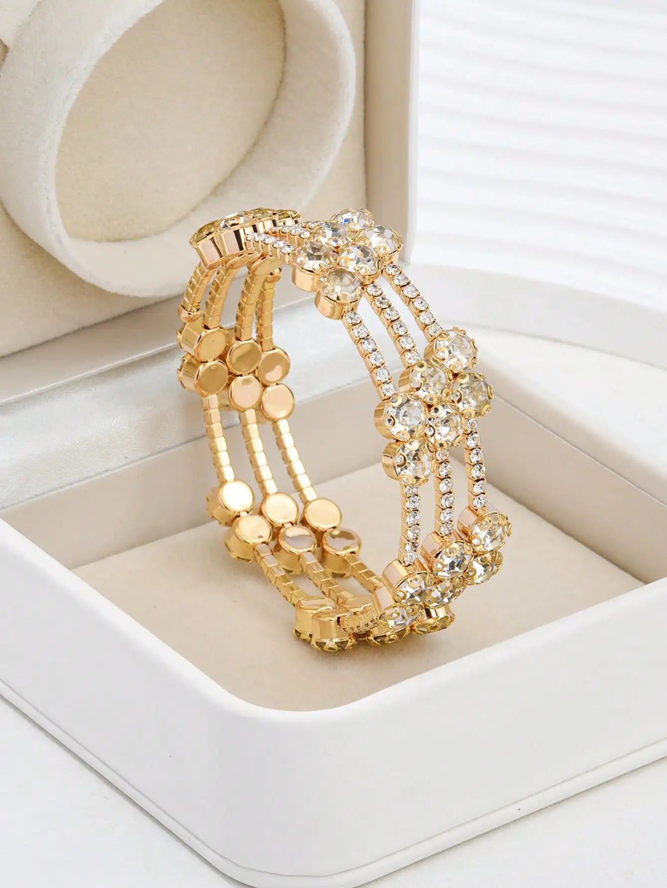 Gold Tone Multi-Row Crystal Rhinestone Stretch Bangle Bracelet