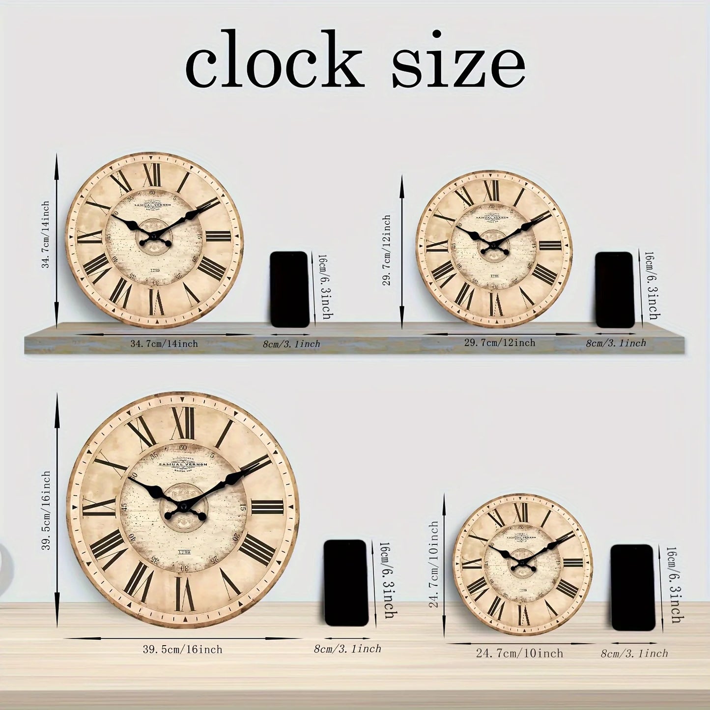 A 10-16-Inch Large American Wooden Roman Numeral Clock Wall - Battery-Powered, Silent Clock, Suitable for Living Room, Bedroom,