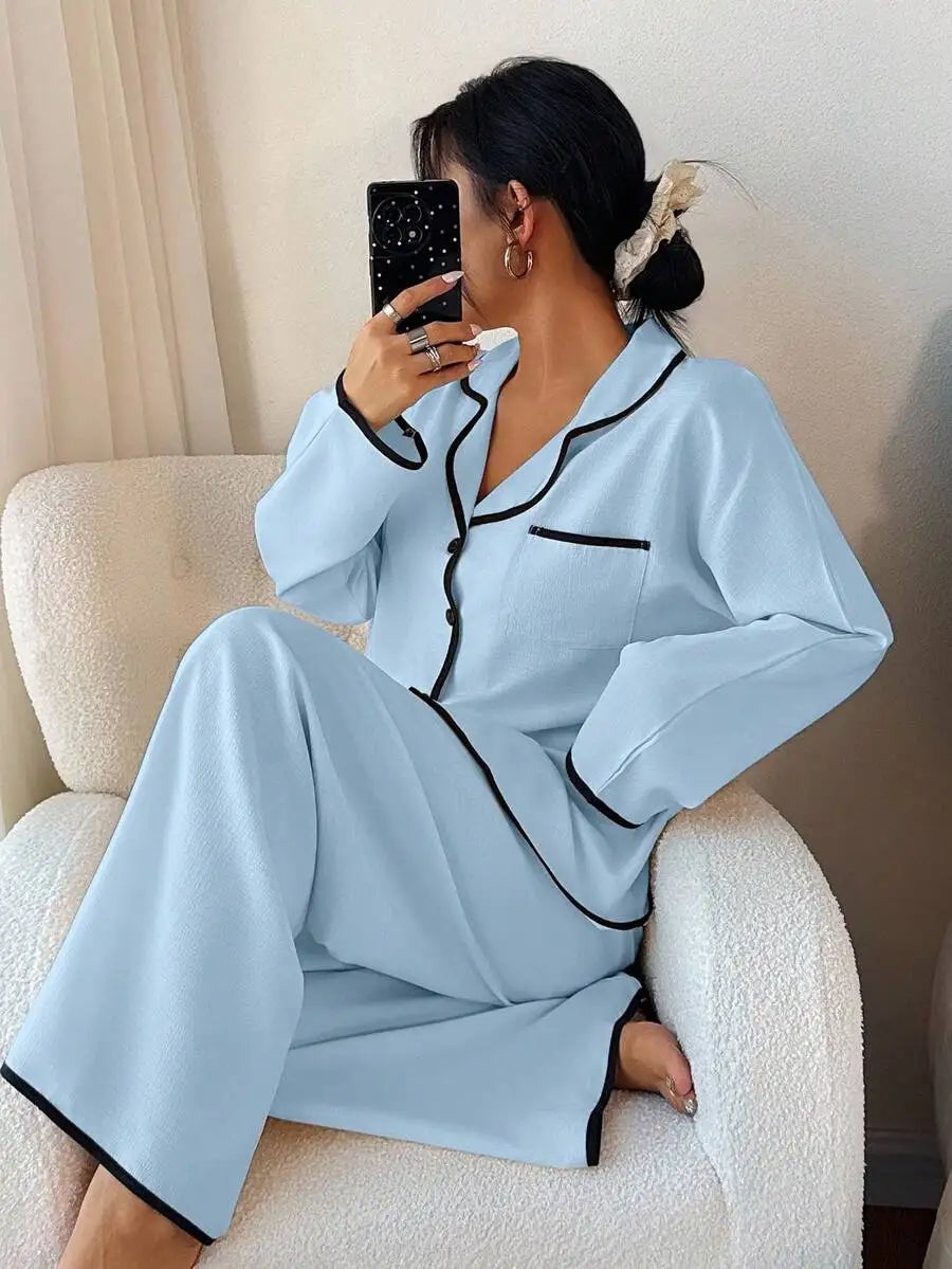 Womens Contrast Trim Lapel Loose Long Sleeve Pajama Set Light Green Sleepwear Lounge Wear