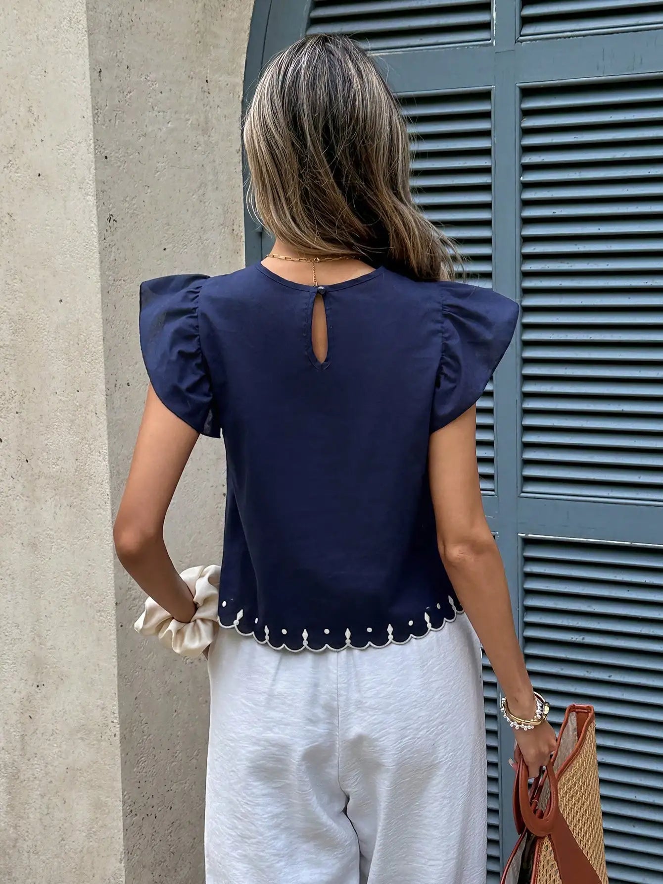 Women's Summer Casual 100% Cotton Floral Embroidery Ruffle Hem Blouse With Flutter Sleeves