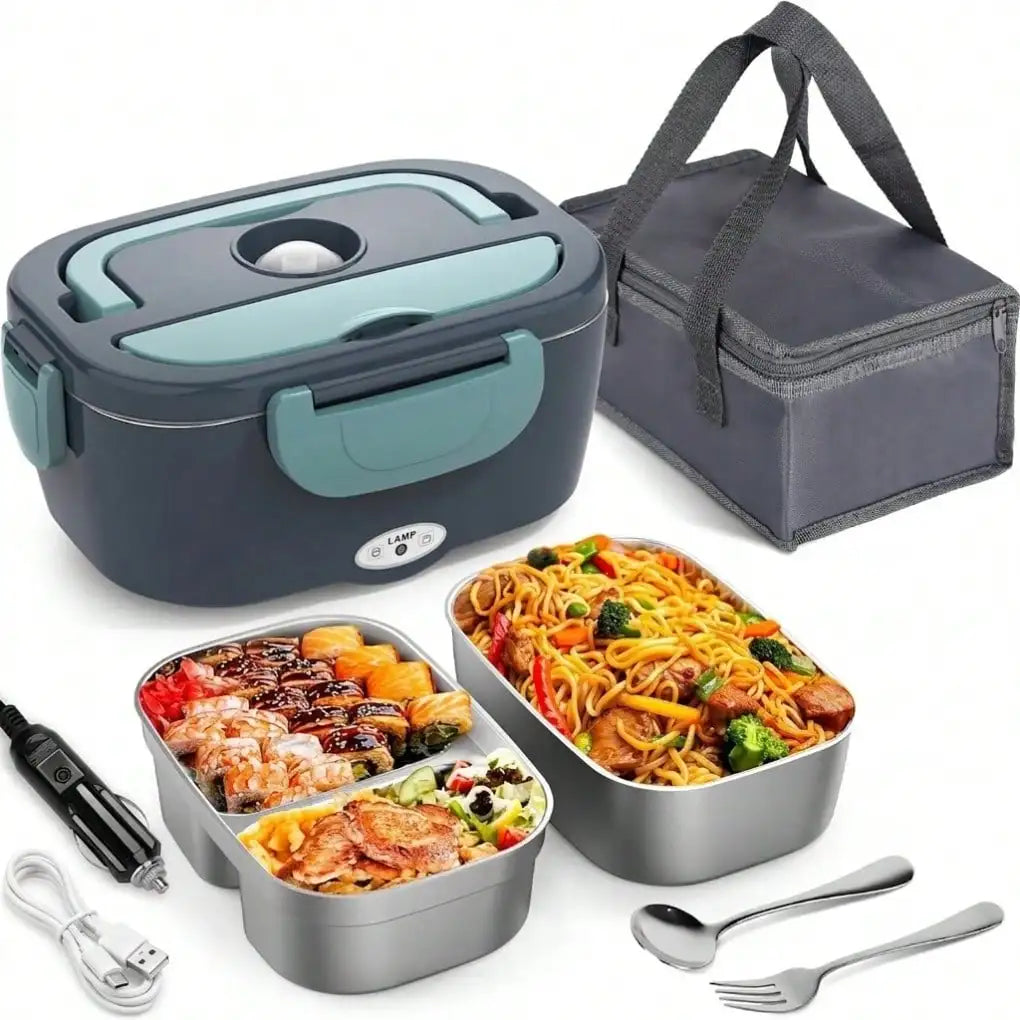 Electric Heating Lunch Box; 1.5L 304 Stainless Steel Dual Compartment Food Warmer, 12V Car Use, Portable Heated Bento Box With Fork, Spoon & Insulated Bag, Viral Must-Have For Office, Travel & Road Trips, Perfect Gift For Com