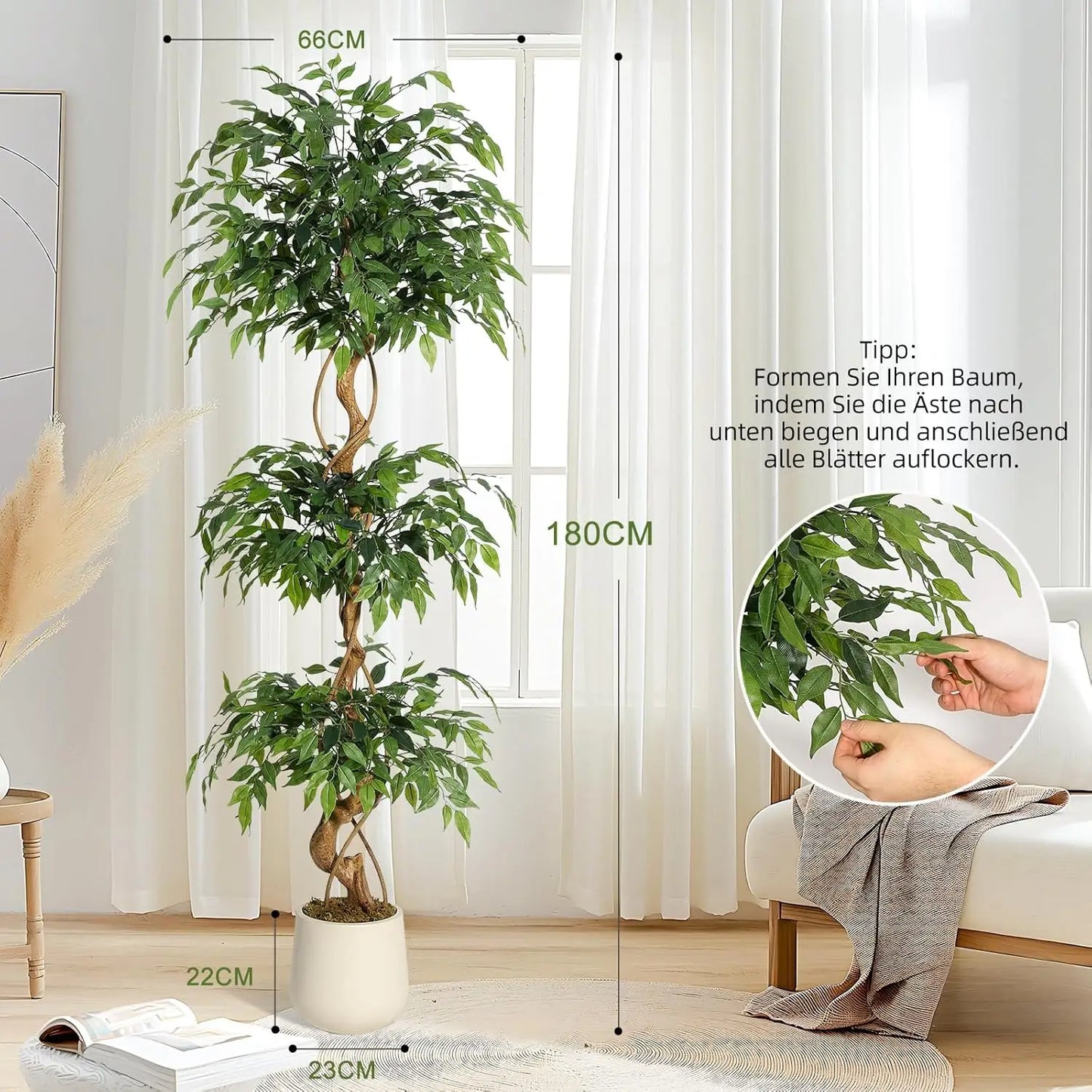Artificial Ficus Tree 120/150/180cm with White Planter, Large Faux Weeping Fig with Curved Trunk and 1860 Silk Leaves, Lifelike Indoor Plant for Living Room Bedroom Office Decor, No Maintenance