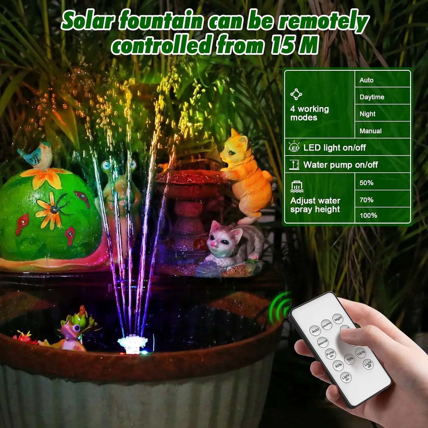 10W Solar Water Fountain with Colorful LED Light 4400mAh Rechargeable Battery Remote Control Solar Fountain Pump with 16 Nozzles