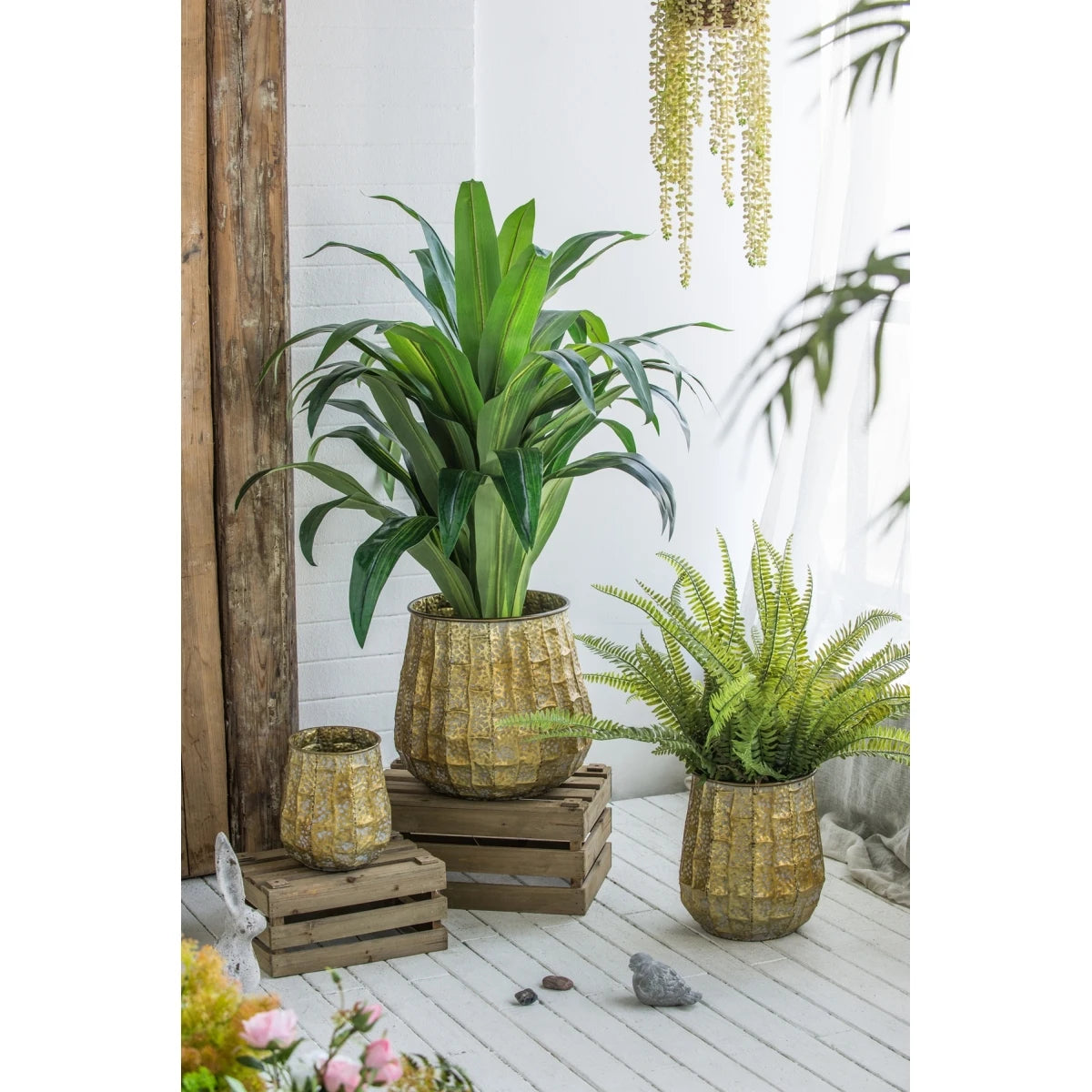 Set of 4 4.3x4.3x4" Gray Sand and Cement Planters with Brown Botanical Motifs On-Site