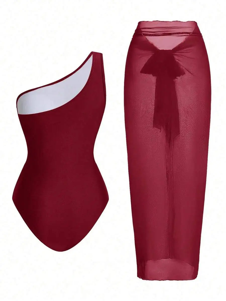 One Piece Ruched Swimsuit With Sarong Cover Up For Women Summer Beach