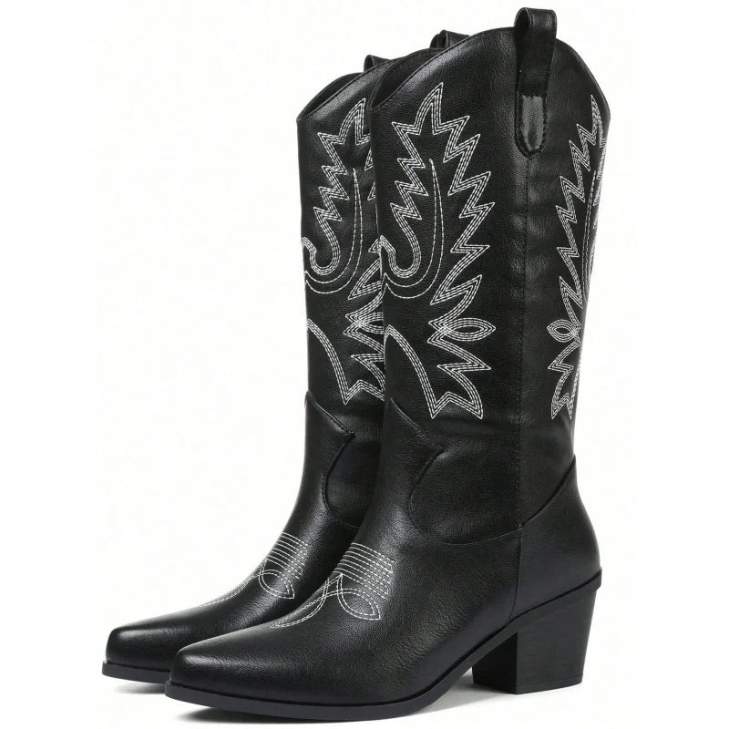 Women's Fashion Western Boots Chunky Heel Embroidered Knee High Pointed Toe Pull On Outdoor Casual Western Cowgirl Cowboy Boots Country Concert Combat Boots For Women