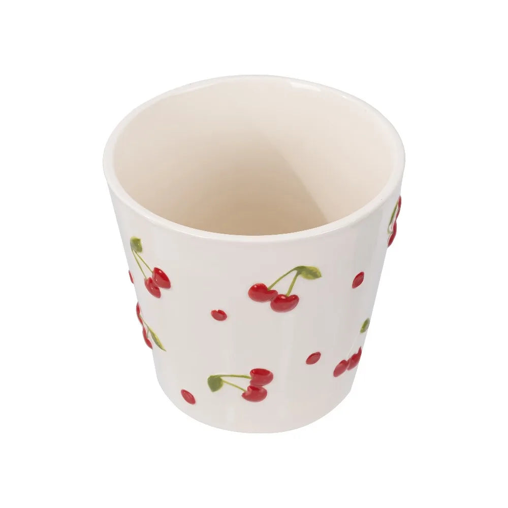 Round Ceramic Cherry Planter Pot for Plants Home Garden Decor Cream Red Flower Pot Handmade Art Pottery Vase with Drainage Hole