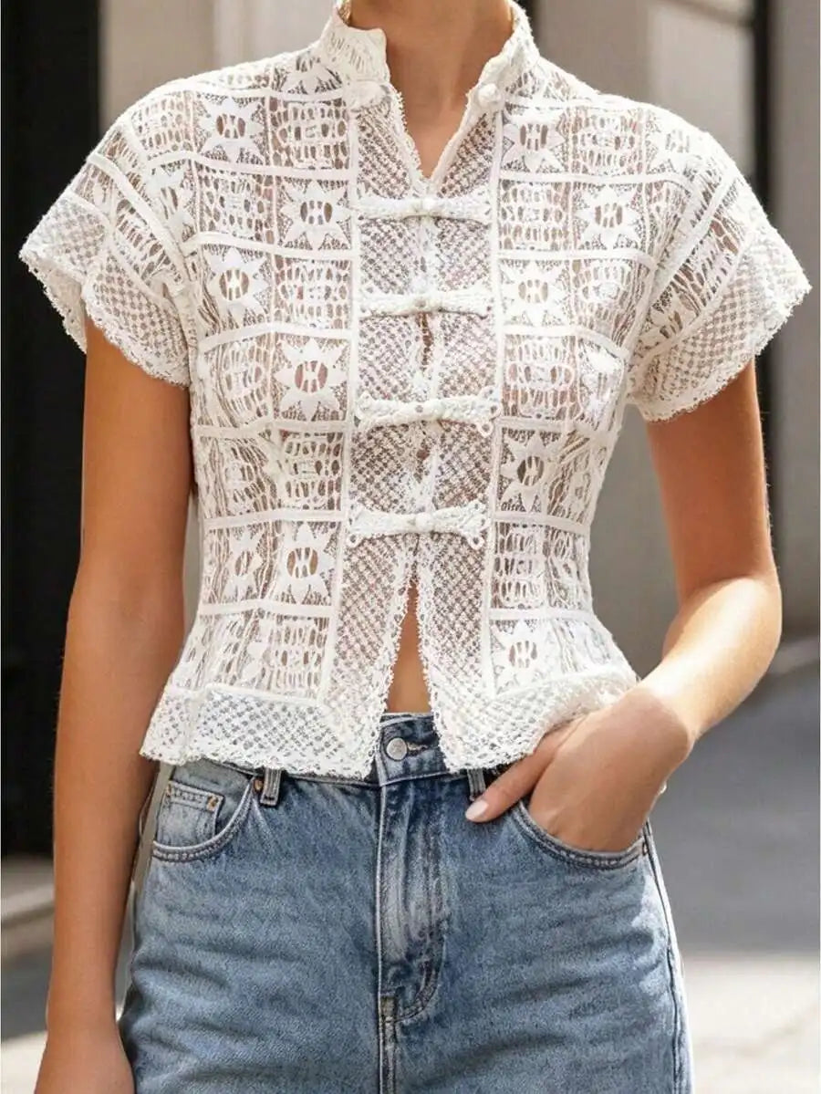 Elegant Lace High Neck Flutter Sleeve Blouse Vintage Crochet Openwork Top Summer