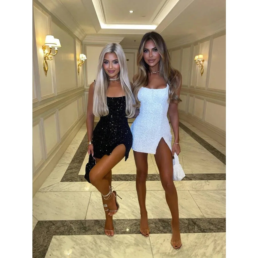 【New style】Awevudst Women's Sequin Square Neck Backless Sleeveless Side Slit Party Club Bodycon Mini Dress