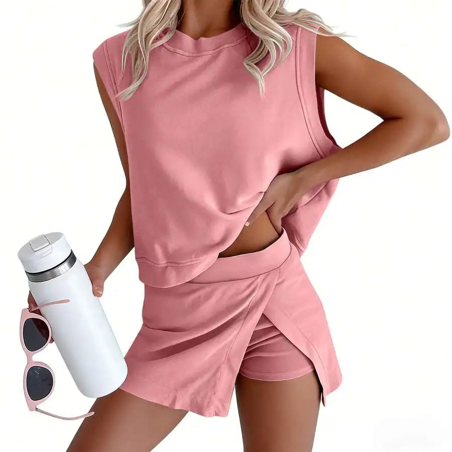 2 Piece Women Summer Activewear Set Cotton Sleeveless Top And Shorts Casual Sportswear Outfit