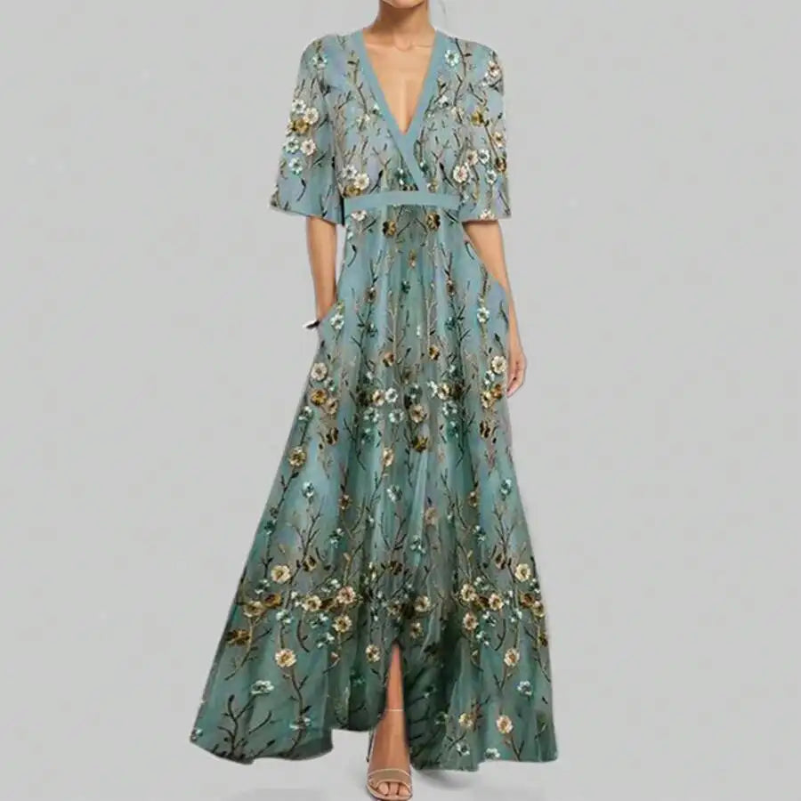 Elegant V-Neck Floral Print Waist-Cinching Floor-Length Dress For Women