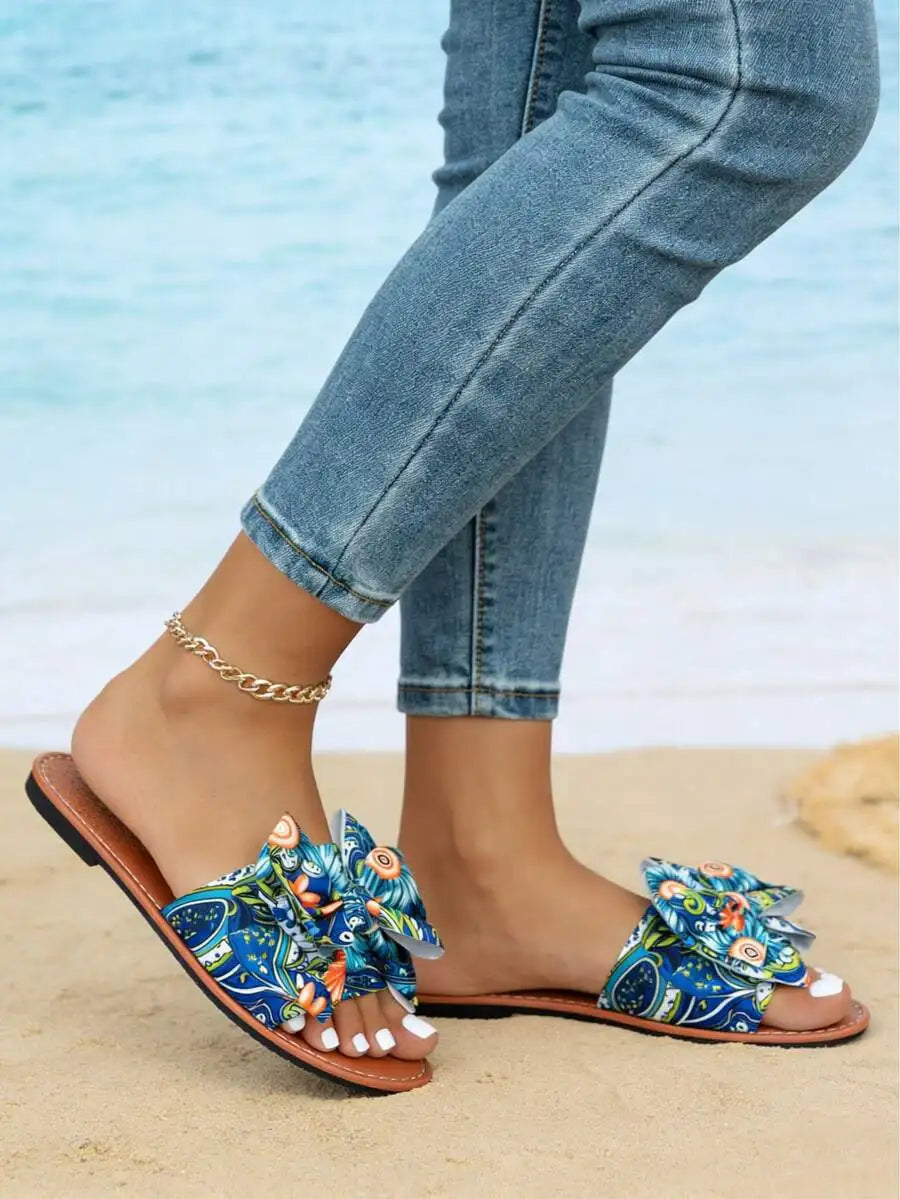 Womens Summer Floral Bow Flat Sandals Bohemian Style Beach Casual Slippers