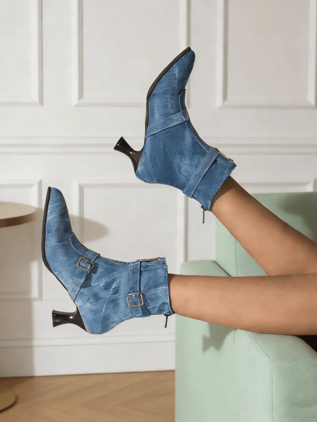 Denim Ankle Boots With Zipper And Buckle Strap Low Kitten Heel Pointed Toe Women Casual Dress Shoes