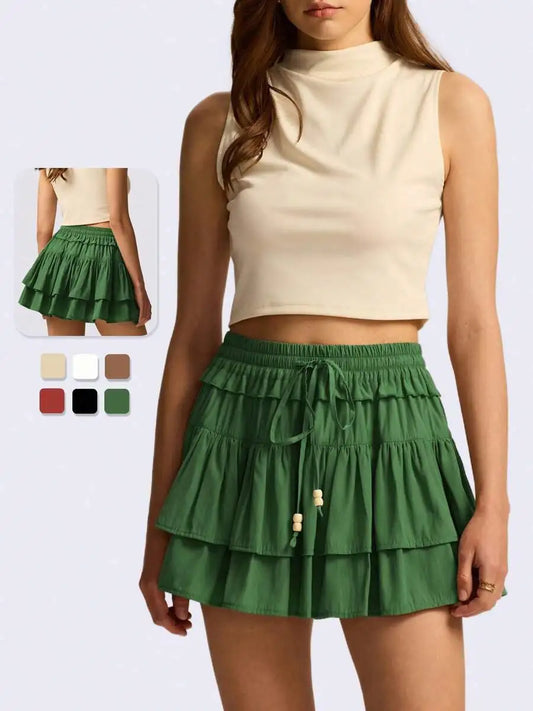 Womens High Waist Tiered Ruffle Mini Skort With Drawstring And Built-In Shorts