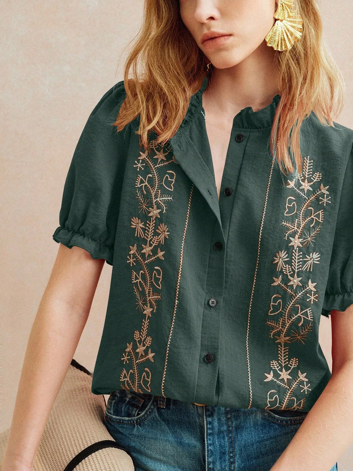 Elegant Embroidered Short Sleeve Blouse With Ruffled Collar And Puff Sleeves