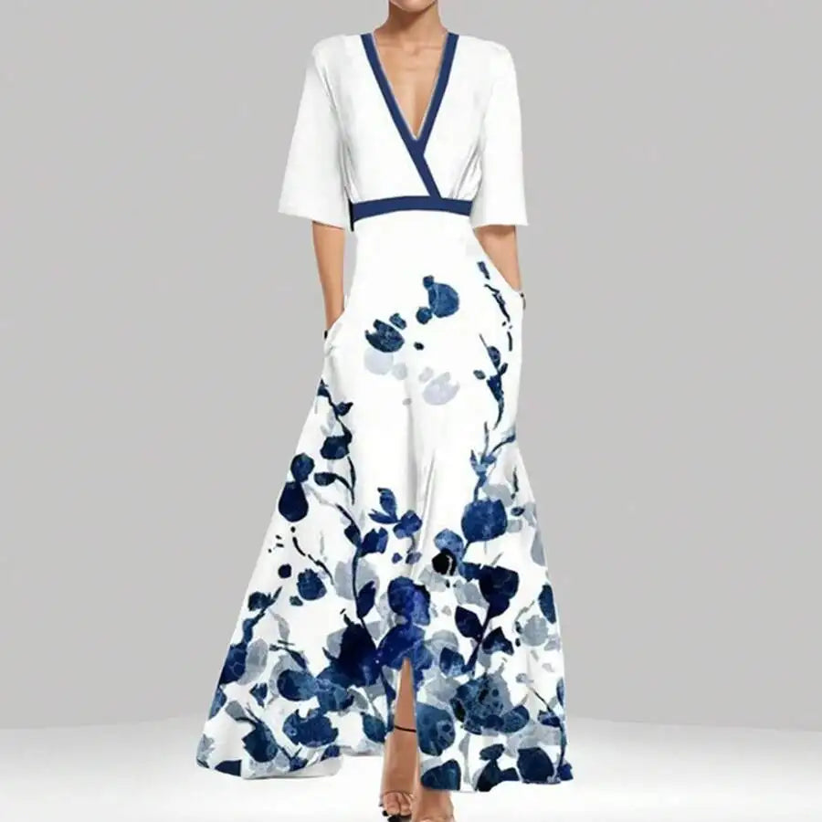 Elegant V-Neck Floral Print Waist-Cinching Floor-Length Dress For Women