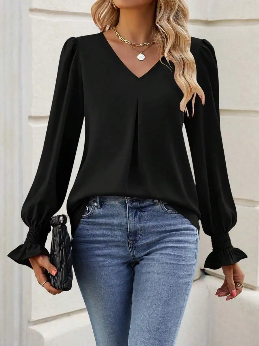 Womens Long Sleeve V Neck Loose Chiffon Blouse Casual Elegant Tunic Top