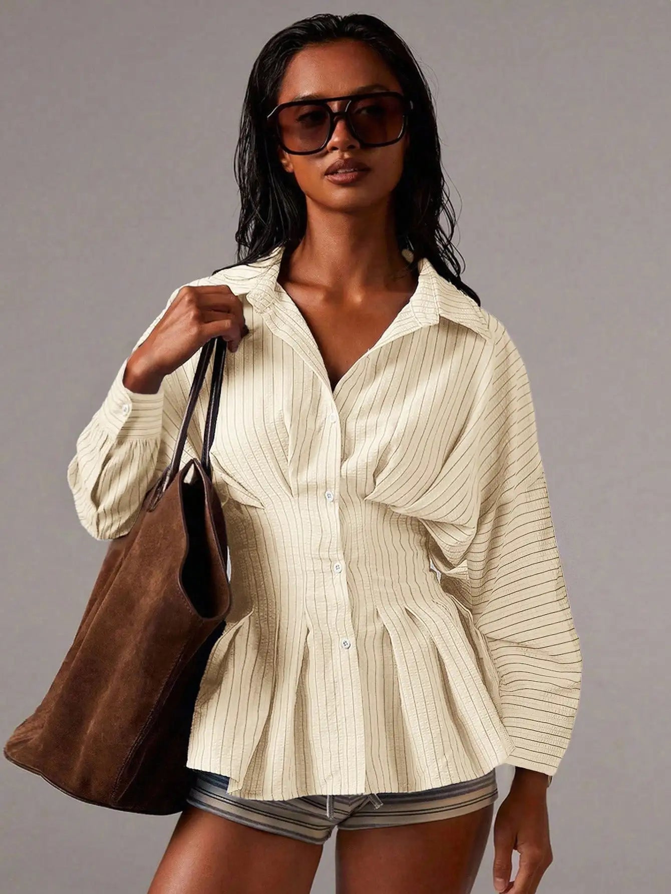 Women Striped Waist Cinched Long Sleeve Pleated Blouse