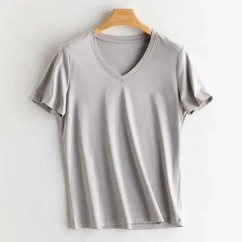Summer 6% Mulberry Silk Cotton T-shirts Women Loose Round Neck Short Sleeve Luxury Tee Solid Color Basic Tops