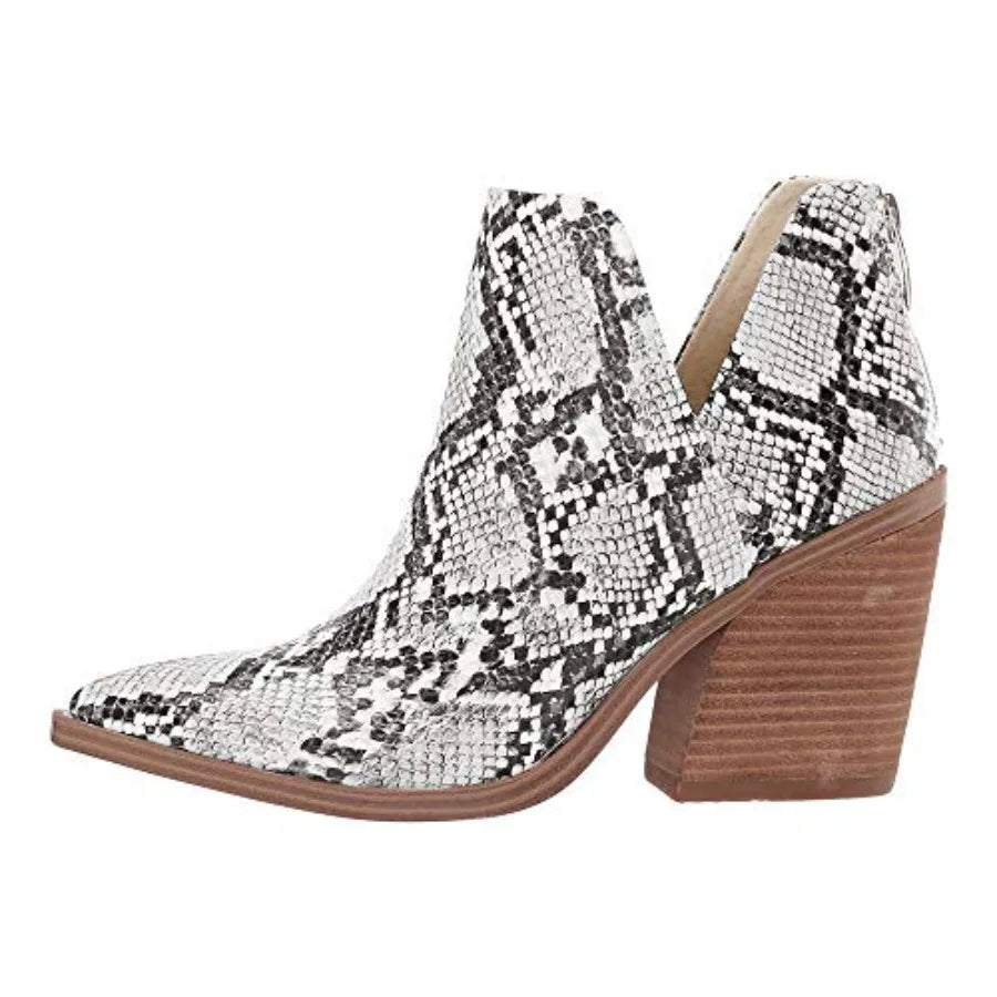 Kathemoi Womens Slip on Ankle Boots V Cutout Pointed Toe Chunky Stacked Mid Heel Booties