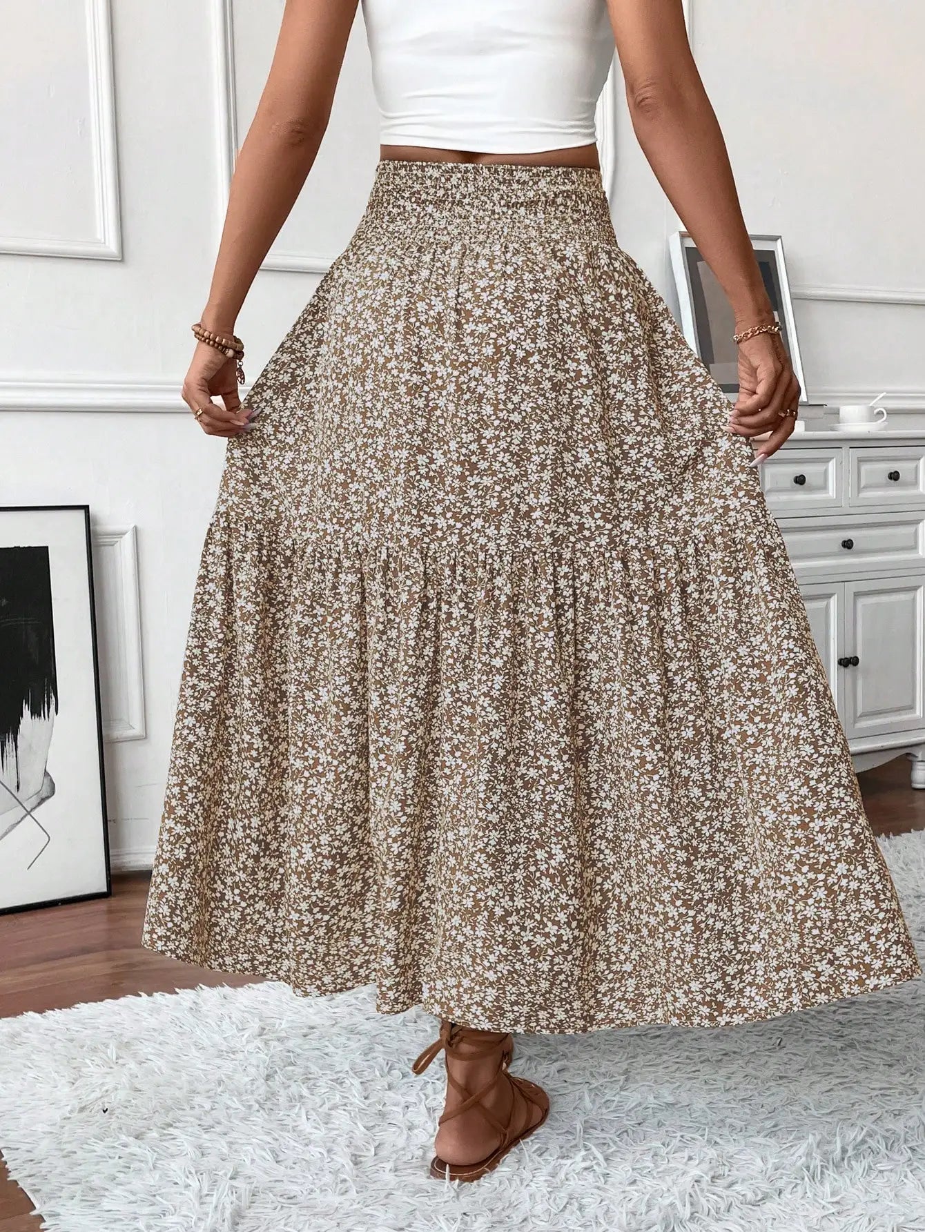 Womens Ditsy Floral A-Line Skirt With Pockets Elastic Waist Ruffle Hem