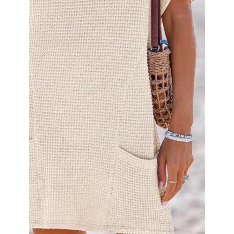 CUPSHE Swimsuit Coverup for Women Waffle Knit V Neck Short Sleeve Beach Coverup Dress with Pockets