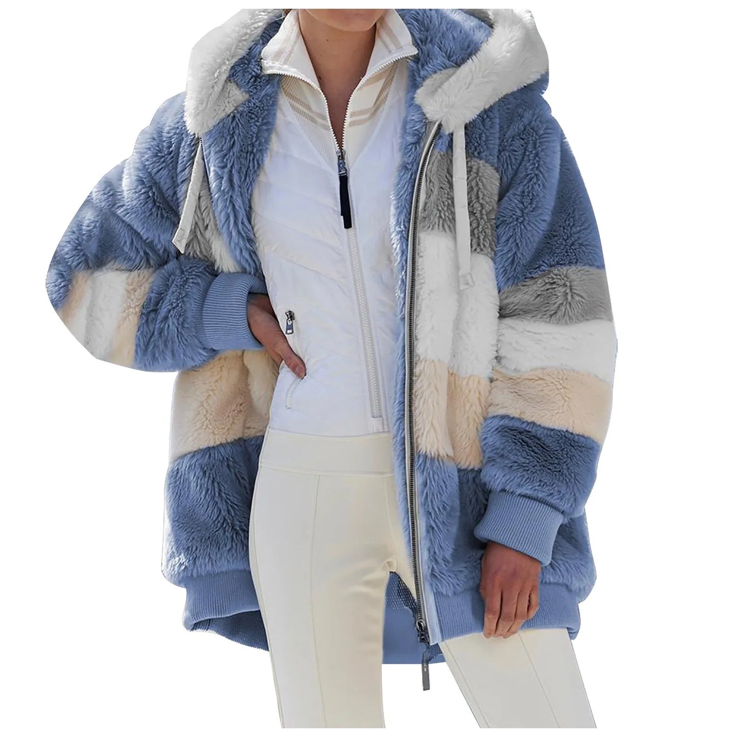 Winter and autumn warm plush quilted zipper pocket hooded loose-fitting women's coat