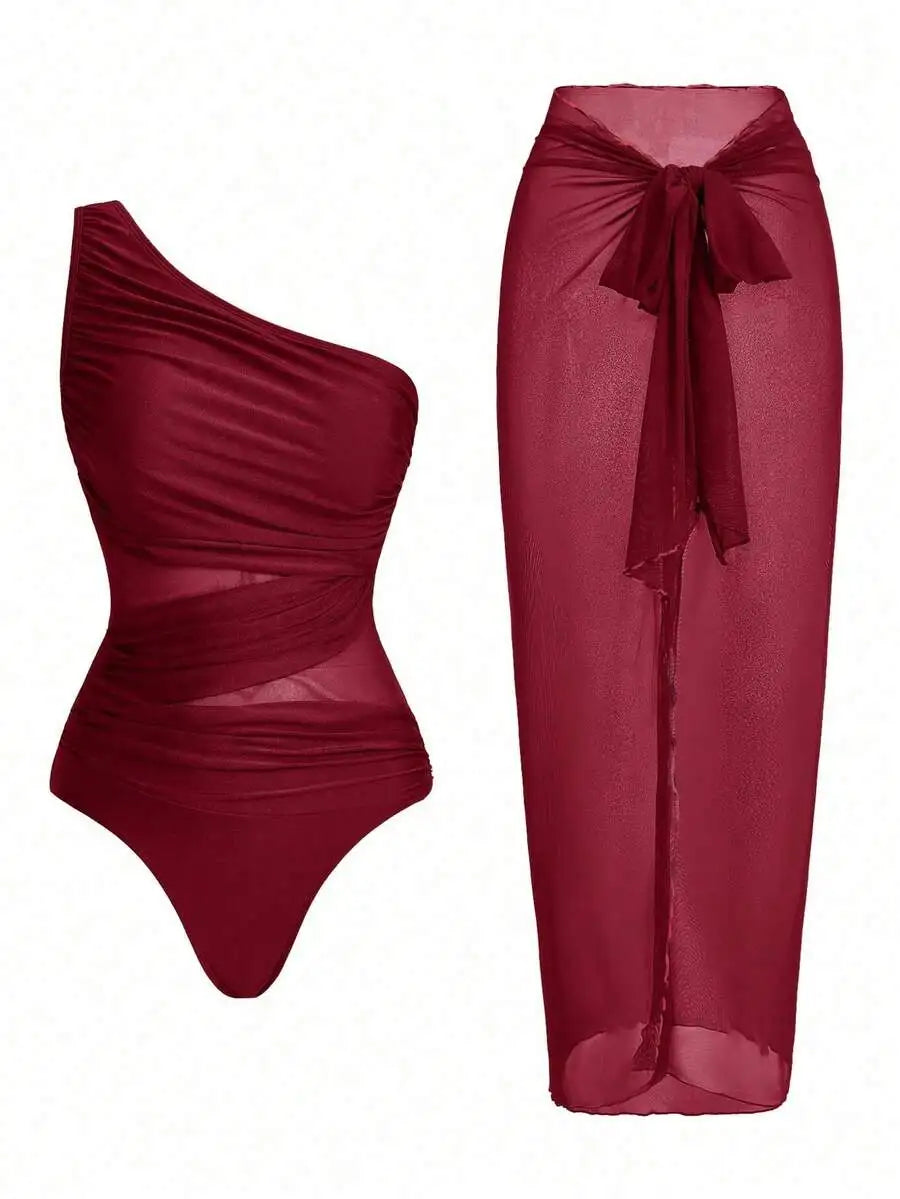One Piece Ruched Swimsuit With Sarong Cover Up For Women Summer Beach