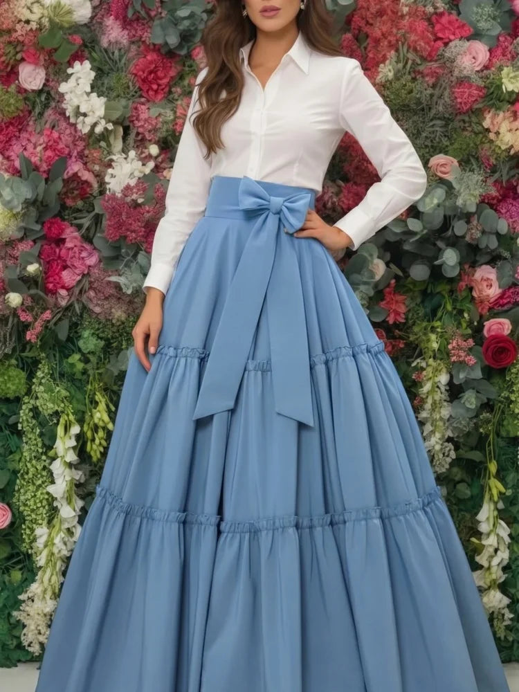 Maxi Skirt High Waist Bow Tiered Ruffle Flared Swing Long Skirt Outfit For Women Party Wedding Guest Elegant Wear